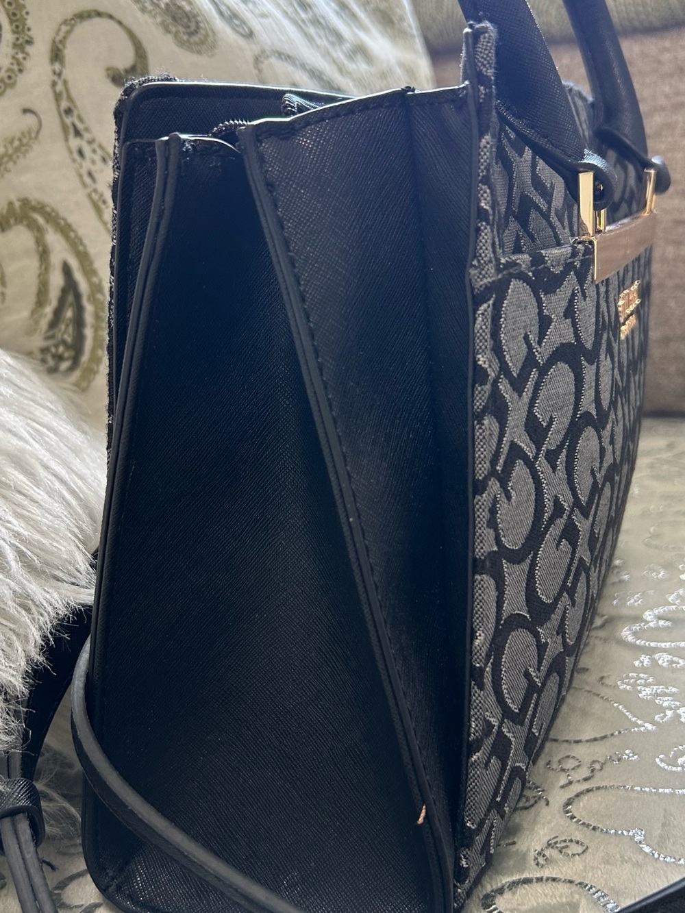 NWT GUESS Black & Gray Medium Logo Marva Jacquard Satchel with Gold Accent - Picture 2 of 6